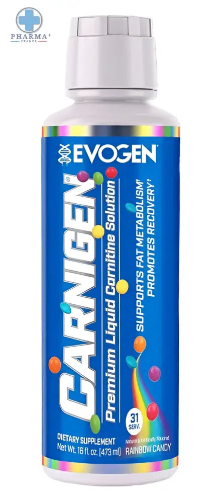 Evogen carnigen liquide brûleur de graisse rainbow candy 473 ml en bouteille blanche avec étiquette bleue vibrante