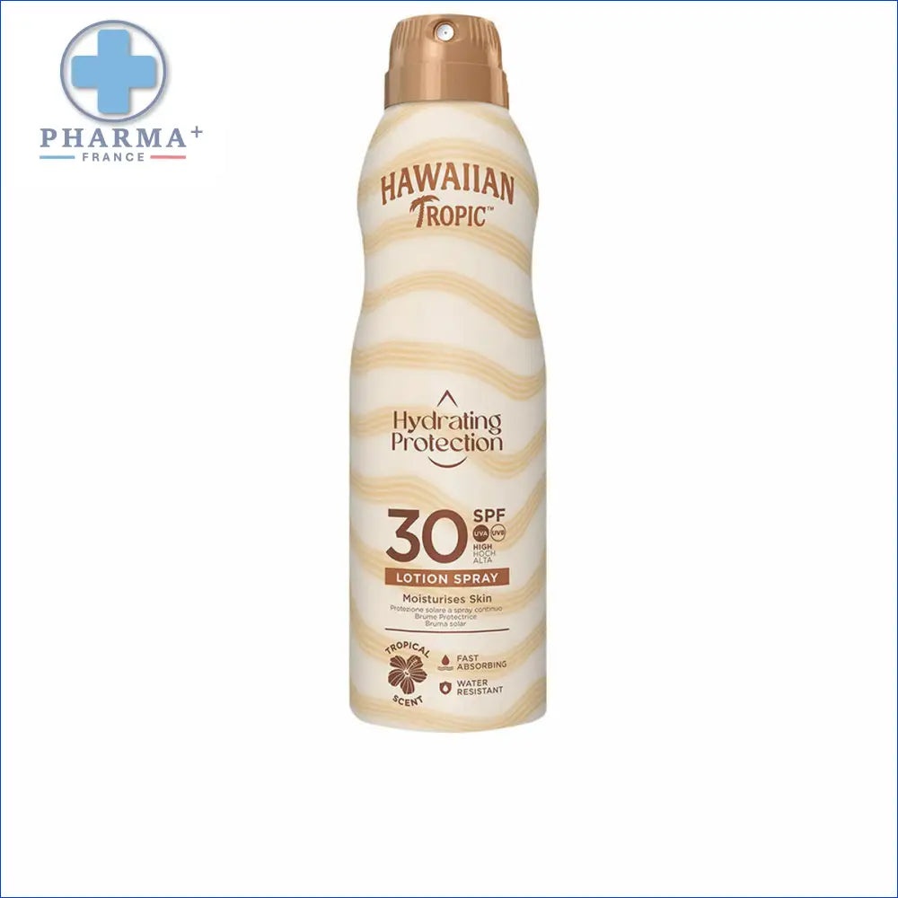 Bouteille de Hawaiian Tropic brume solaire protectrice hydratante SPF 30 groupe Nobélis