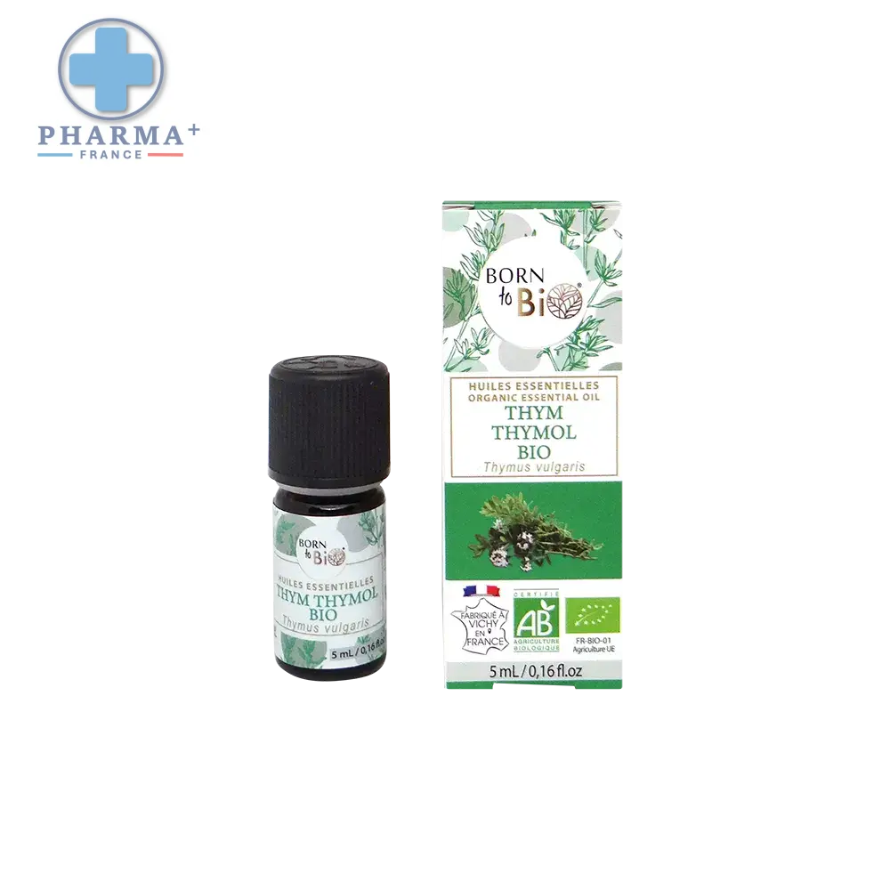 Huile essentielle de thym thymol bio born to bioc en flacon compte-goutte en verre foncé avec emballage vert et blanc