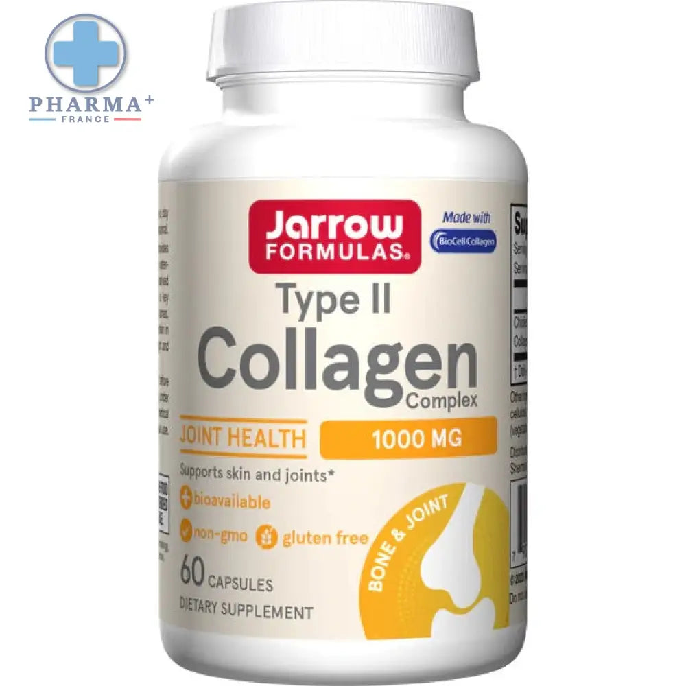 Bouteille blanche en plastique de jarrow formulas type ii collagen complex avec étiquette blanche aux accents orange rouge jaune pour complément collagène type ii 60 gélules