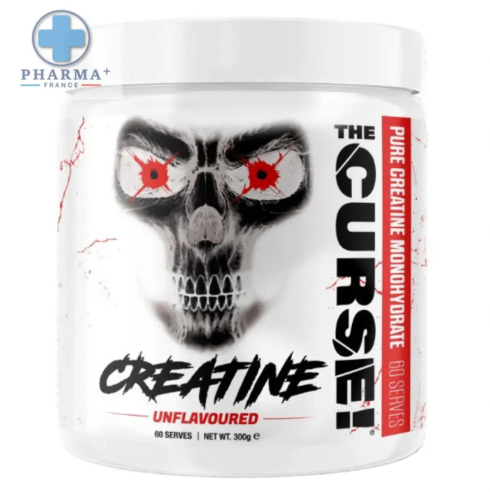 Conteneur blanc cylindrique jnx sports the curse créatine pure en poudre 300 g avec graphique crâne rouge et noir