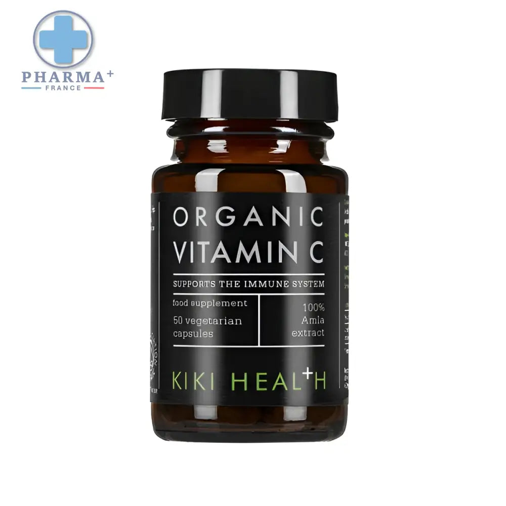 Flacon en verre ambré foncé kiki health vitamine c biologique avec capsule noire pour complément alimentaire santé