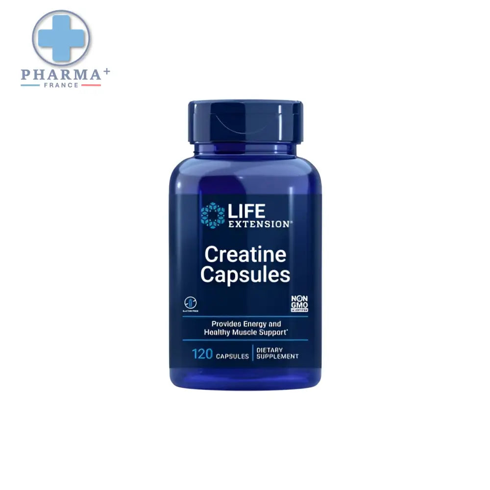 Flacon plastique bleu de life extension créatine gélules pour la performance 120 gélules avec étiquette blanche