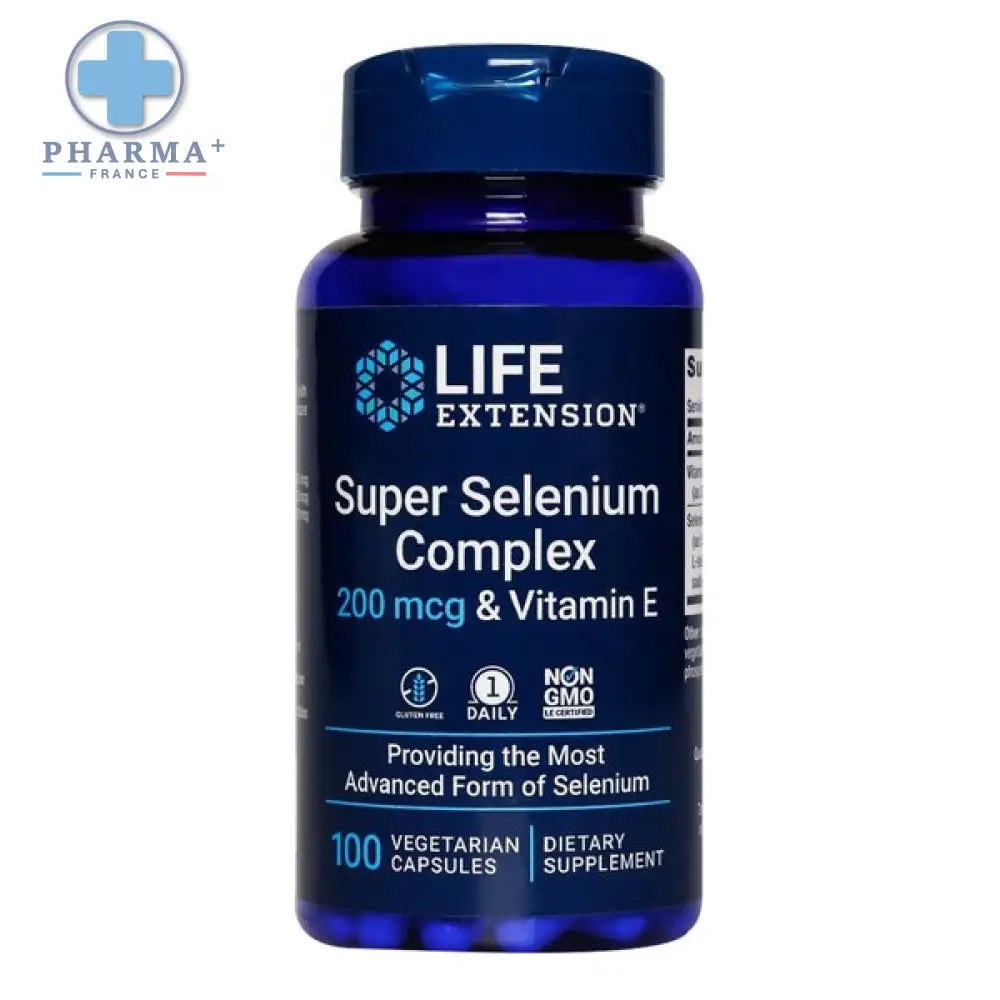 Bouteille bleue en plastique life extension super selenium complément alimentaire 100 capsules végétariennes