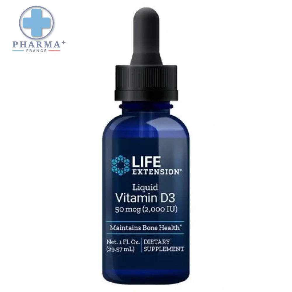 Bouteille en verre bleu foncé life extension extension liquide vitamine d3 50 mcg 2000 ui santé des os