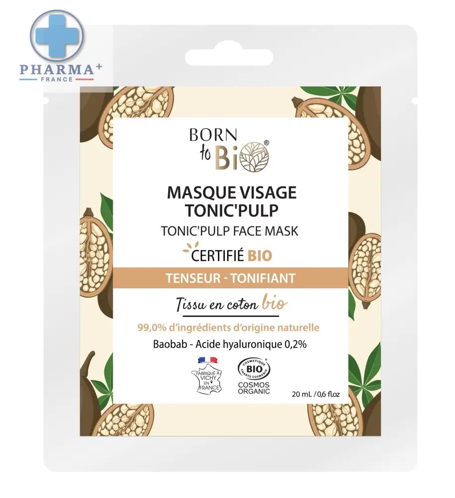 Masque visage tonic pulp certifié bio en tissu coton organique avec illustrations de gousses de baobab en beige et blanc
