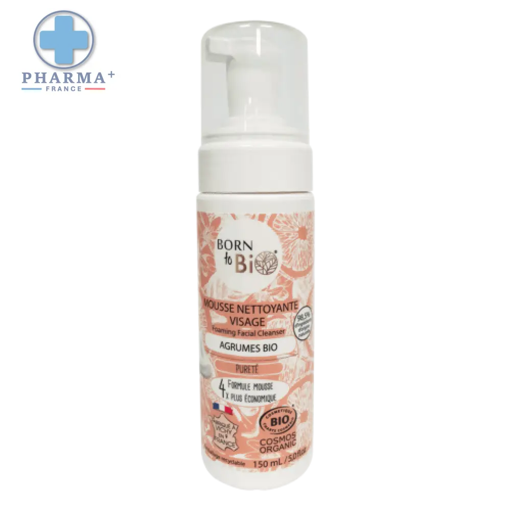 Bottle blanc de mousse nettoyante visage agrumes bio born to bio avec étiquette florale rose et pêche