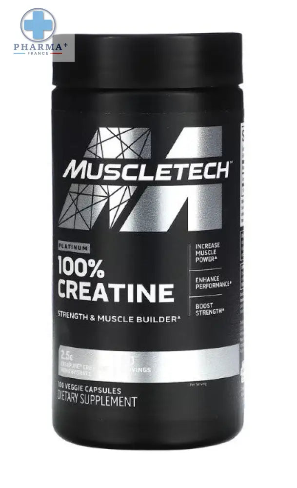 Conteneur noir muscletech platinum complément alimentaire destiné à la force 400 g avec logo géométrique argenté