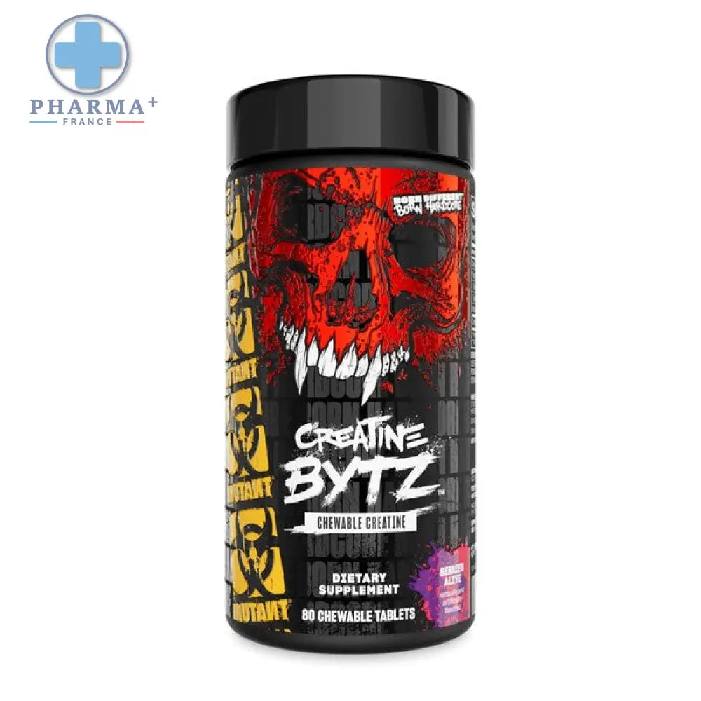 Conteneur cylindrique noir avec design de crâne rouge et noir et label mutant créatine bytz chewables pour 100 comprimés à croquer berried alive