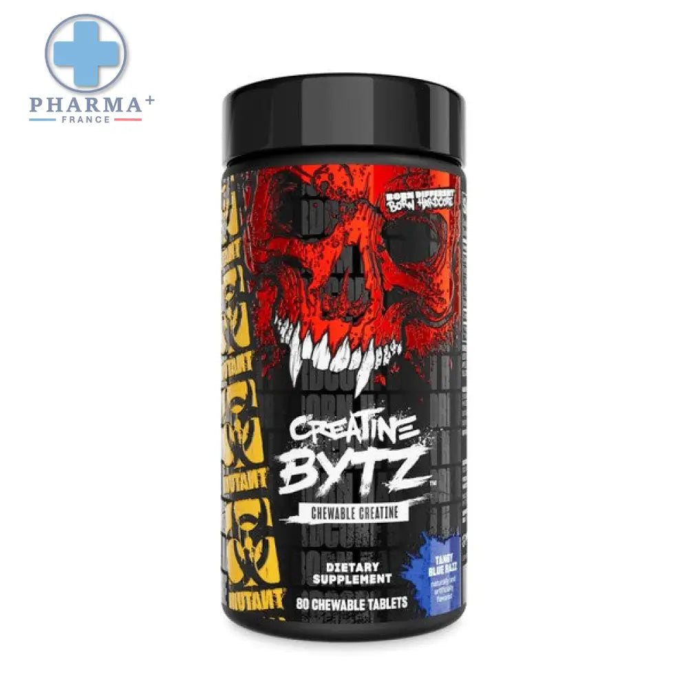 Contenant noir cylindrique mutant créatine bytz avec design crâne rouge et noir pour comprimés à croquer tang blue razz