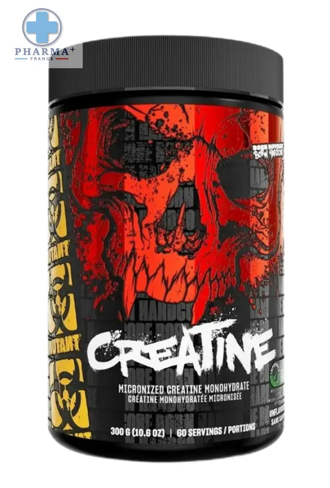 Bocal mutant créatine rouge et noir à motif crâne contenant créatine monohydrate micronisée complément alimentaire destiné aux sportifs