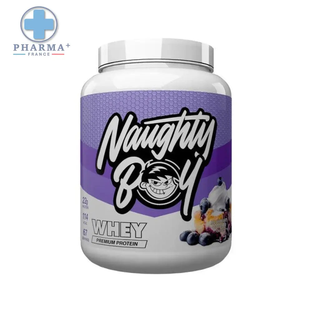 Conteneur violet et blanc de poudre whey naughty boy advanced protéine saveur blueberry cobbler 900 g
