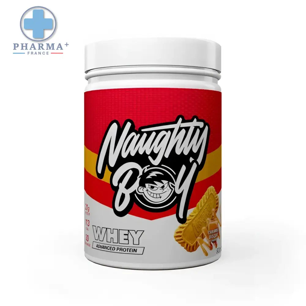 Conteneur rouge et blanc de poudre de whey protéine naughty boy advanced saveur caramel biscuit avec logo personnage cartoon