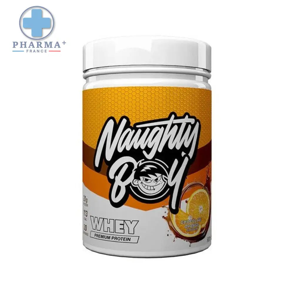 Naughty boy advanced whey protéine saveur chocolat orange en pot blanc et orange avec logo mascotte cartoon