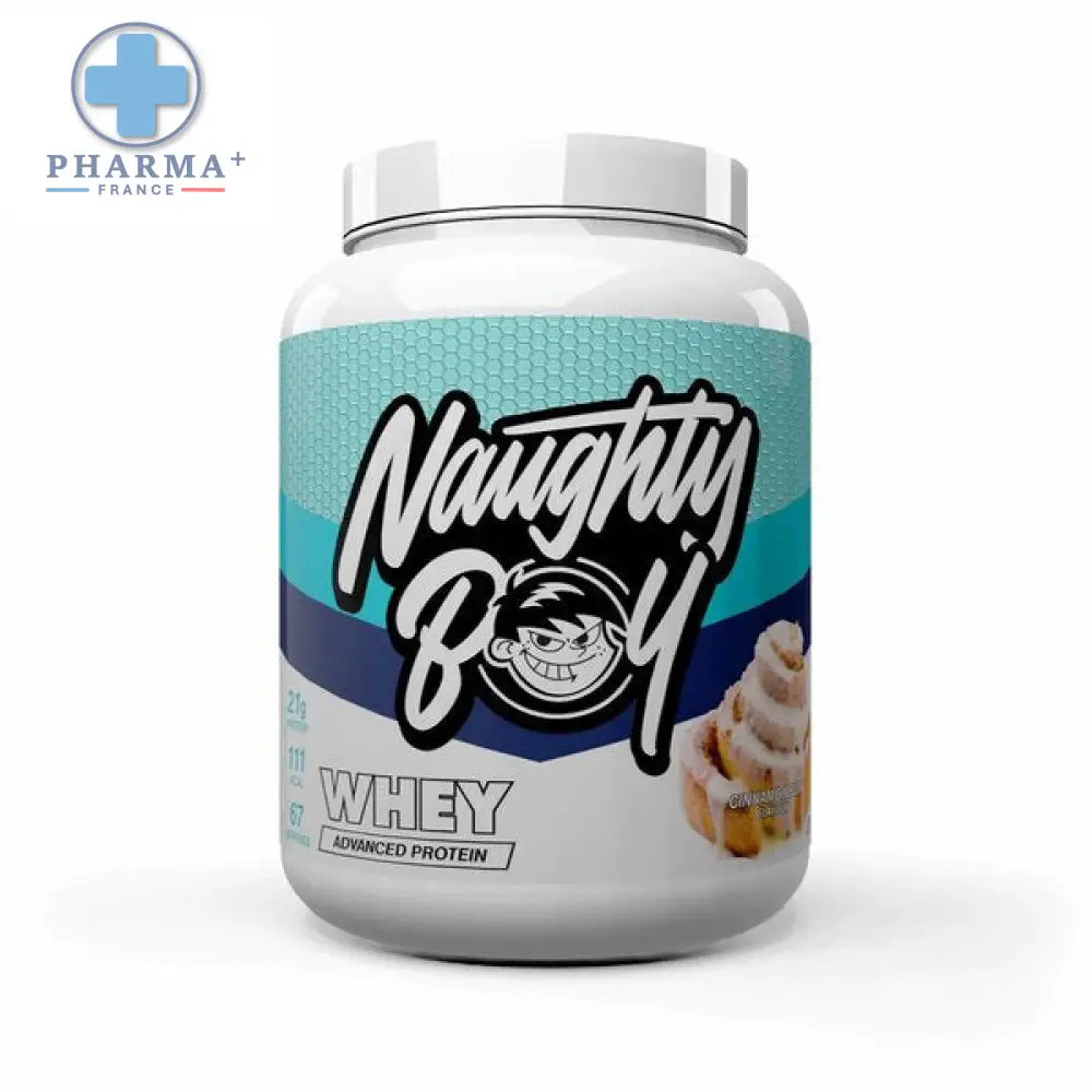 Pot de poudre de protéine whey naughty boy advanced cinnamon bun blanc avec étiquette bleu paon et personnage cartoon