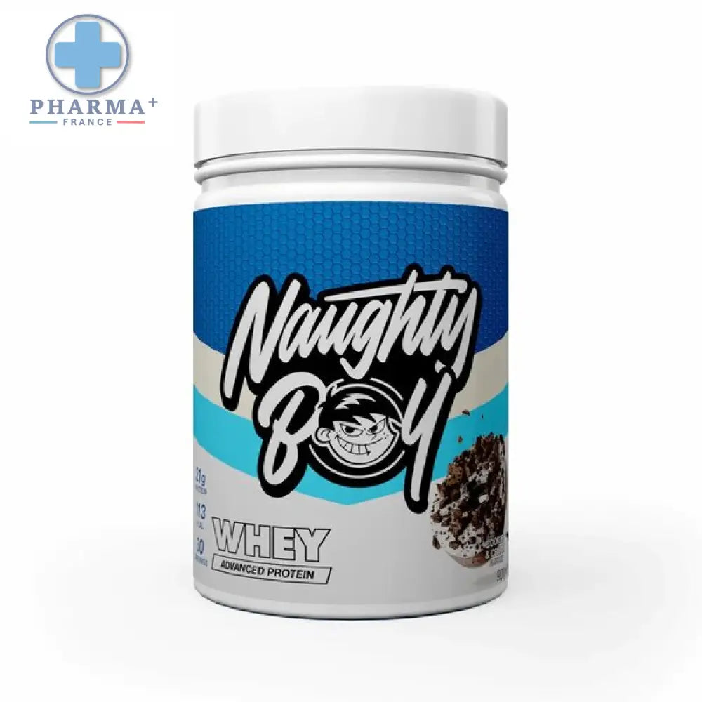 White plastic container of naughty boy advanced whey protéines musculation poudre 2kg with blue and white label