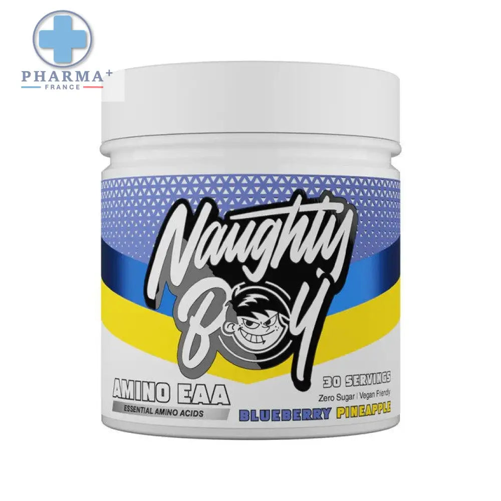 Conteneur en plastique blanc avec étiquette colorée bleu jaune noir pour naughty boy amino acides aminés eaa saveur blueberry pineapple 390 g