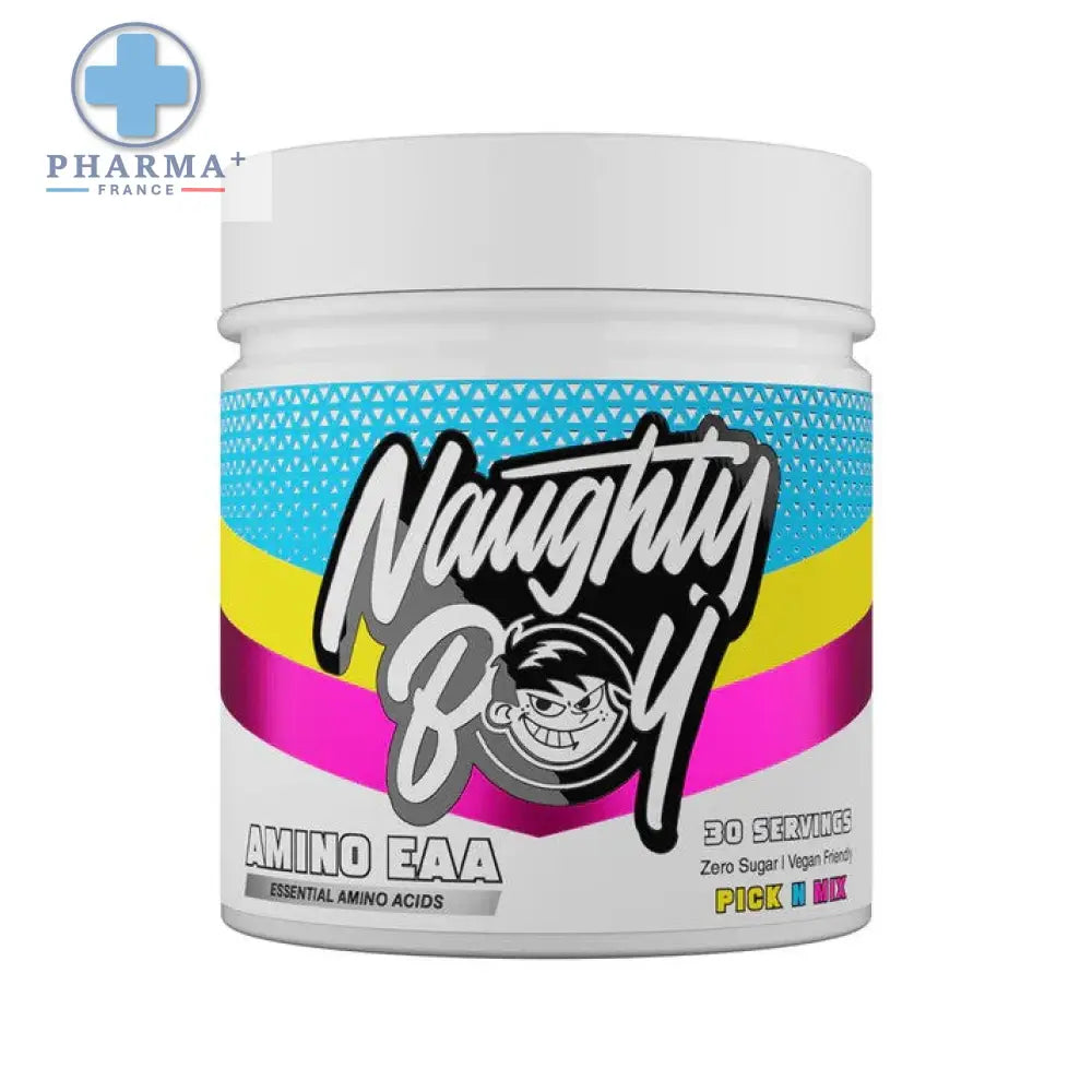 White plastic container of naughty boy amino acides aminés récupération musculaire 390 g with multicolored label