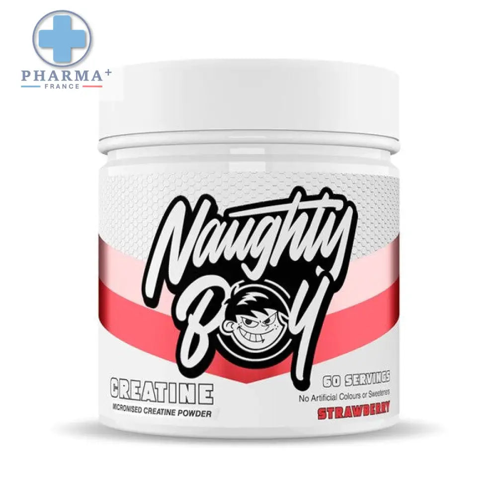 Réceptacle blanc cylindrique de poudre de créatine micronisée saveur fraise de la marque naughty boy