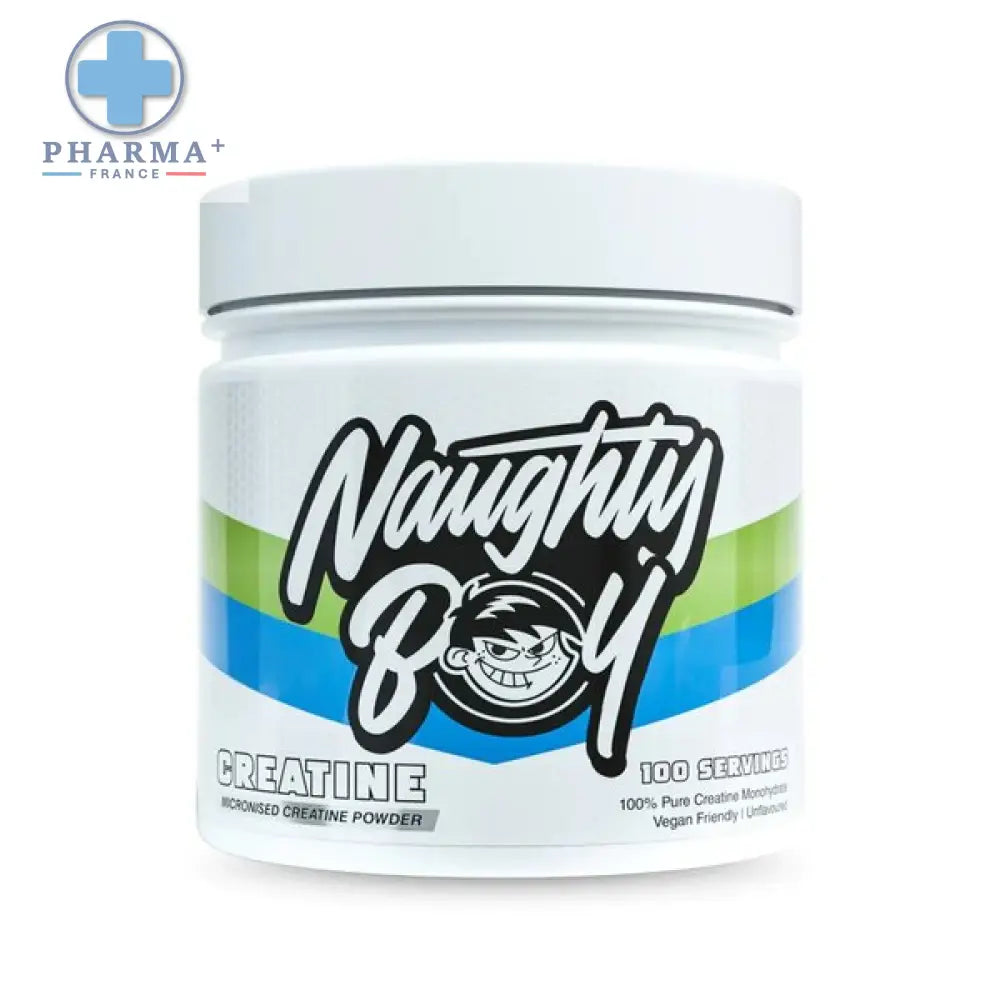 Pot de plastique blanc de naughty boy créatine monohydrate performance poudre 300 g avec logo mascotte coloré