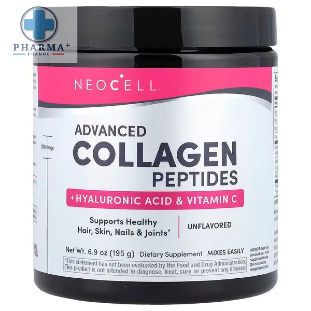 Neocell peptides de collagène advanced en poudre noire avec étiquette rose et argent, peptides with hyaluronic acid et vitamine c pour peau cheveux ongles et articulations