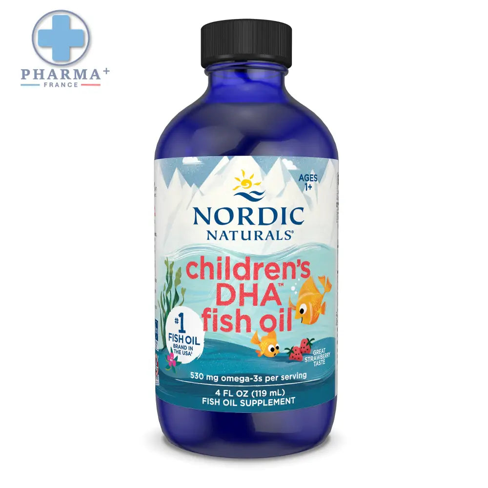 Bouteille en verre bleue nordic naturals childrens dha huile de poisson 119 ml avec étiquette colorée et bouchon noir