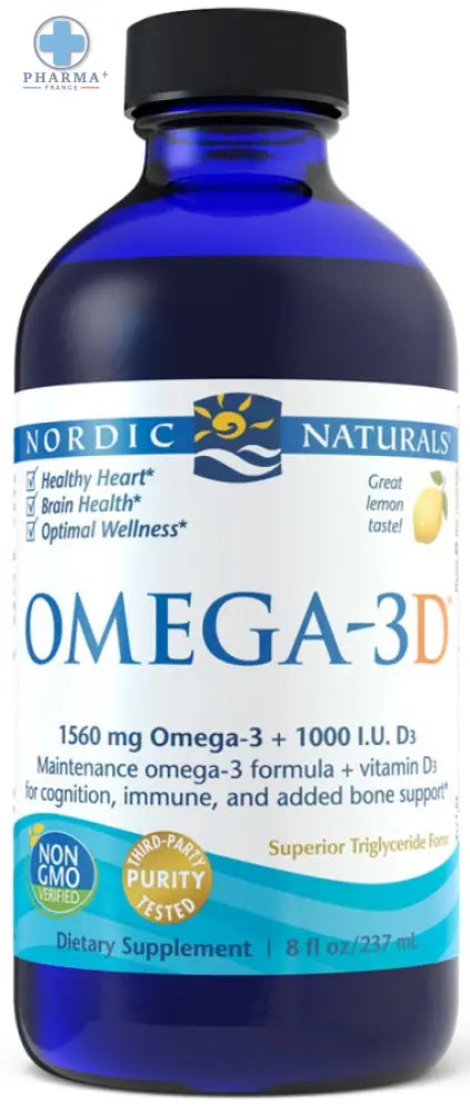 Bouteille en verre bleu de nordic naturals oméga-3d citron 1560mg complément alimentaire 237 ml avec bouchon noir