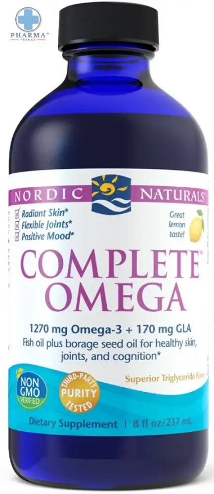 Bouteille bleue en verre nordic naturals complete omega avec capsule de 1270 mg omega 3, 60 capsules