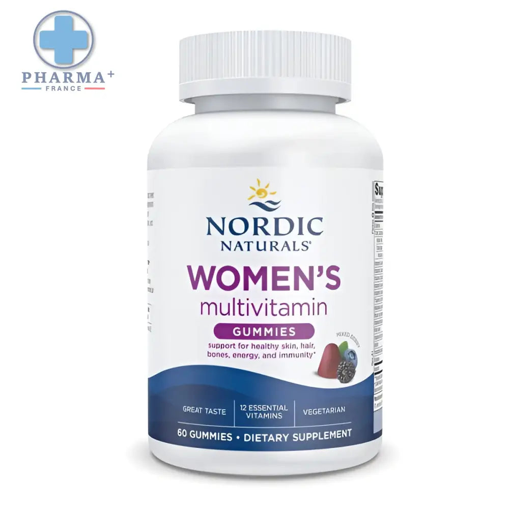 Bouteille blanche de gummies nordic naturals multivitamines pour femmes avec étiquette bleue et violette 60 unités