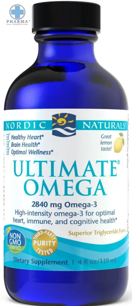 Blue glass bottle with black cap and white label showing nordic naturals ultimate omega 3 supplement in 60 capsules