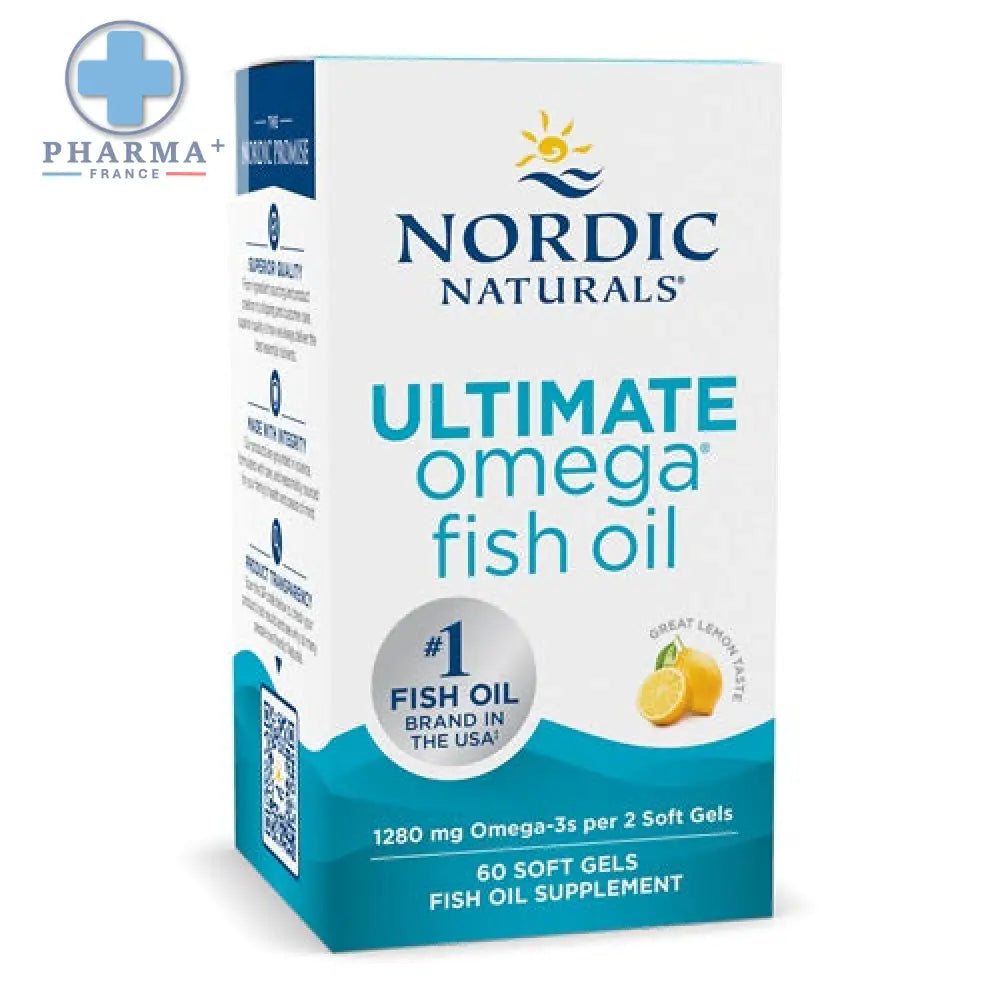 Boîte blanche et teal du complément huile de poisson citron nordic naturals ultimate omega pour santé optimale