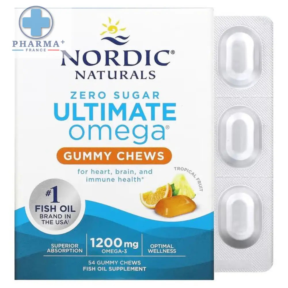 Nordic naturals ultimate omega gummies tropical sans sucre 54 gommes avec emballage blister portions individuelles