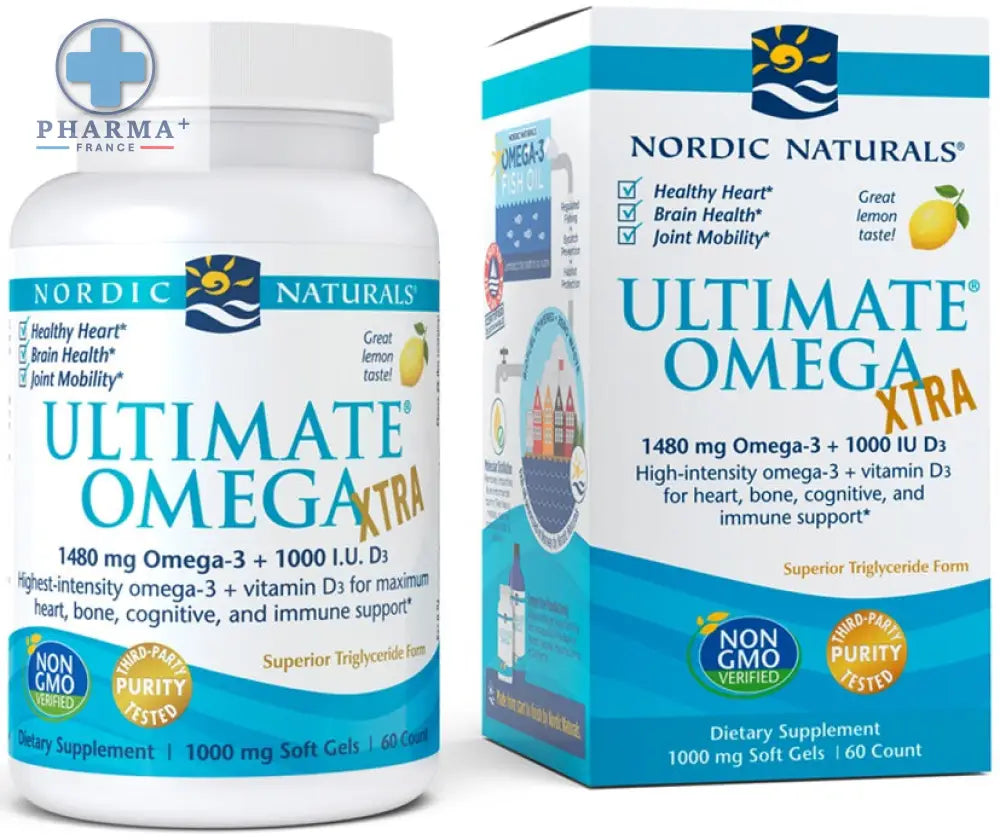 Bouteille blanche en plastique de nordic naturals ultimate omega xtra complément alimentaire liquide avec étiquette bleu et teal