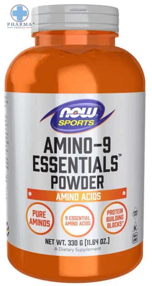 Bouteille en plastique orange avec bouchon blanc et étiquette argentée du complément now foods amino-9 essentials 330 g