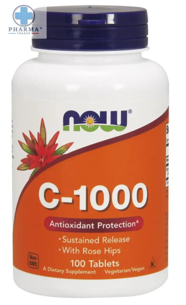 Bouteille blanche en plastique avec bouchon bleu foncé et étiquette orange now foods avec rose hips contient 100 comprimés antioxydants c-1000