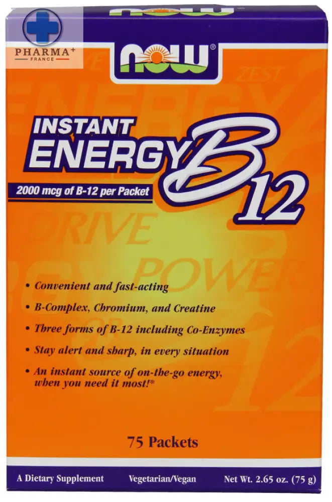 Boîte orange et violet now foods complément alimentaire instant energy b12 avec 75 sachets pour énergie rapide
