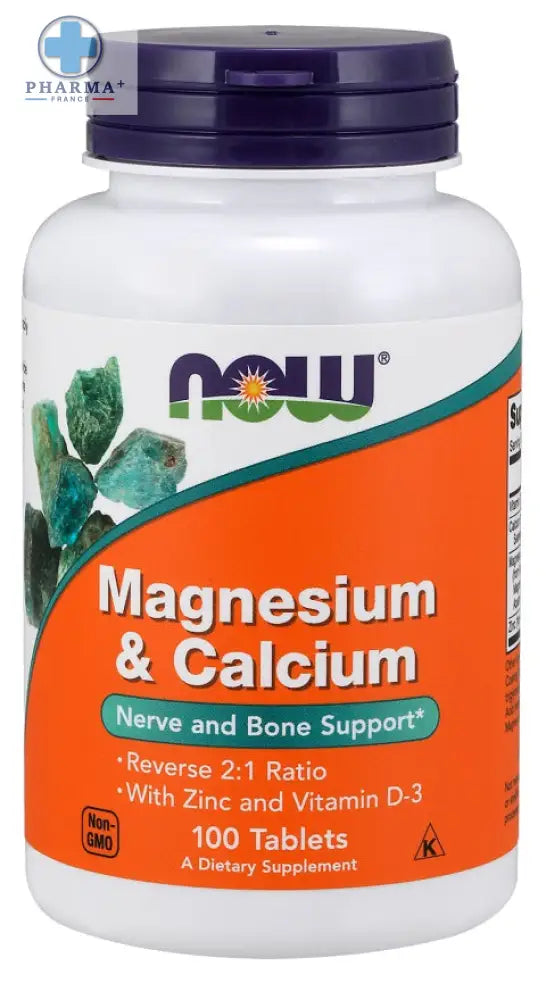 Bouteille en plastique blanc avec bouchon violet et étiquette orange now foods contenant calcium avec zinc magnésium