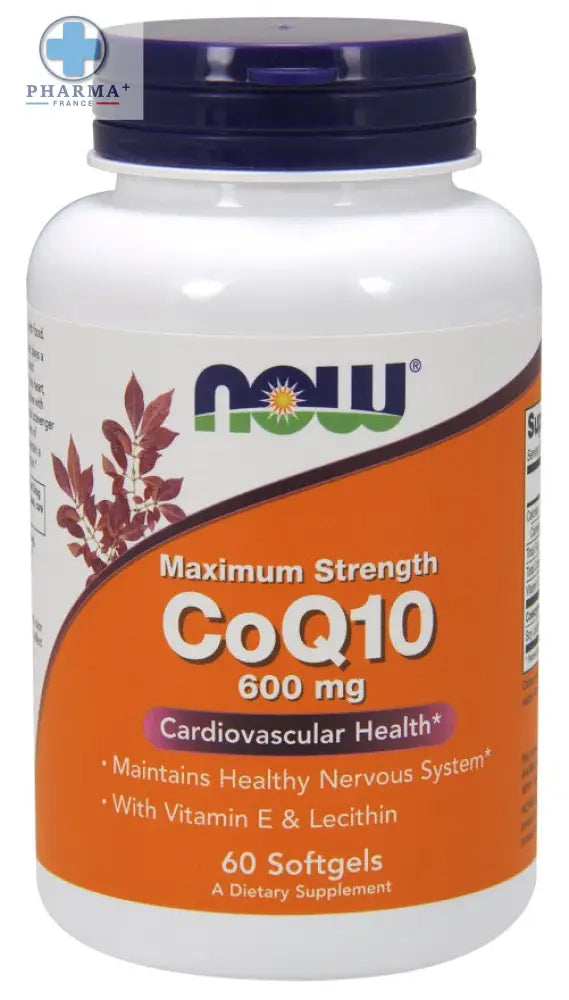 Bouteille en plastique blanc avec bouchon violet foncé et étiquette orange now foods coq10 600 mg pour santé cardiovasculaire