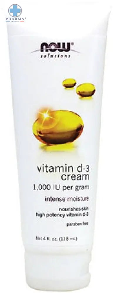 Tube blanc de now foods crème vitamine d-3 hydratante 118 ml avec graphiques goutte dorée et texte noir