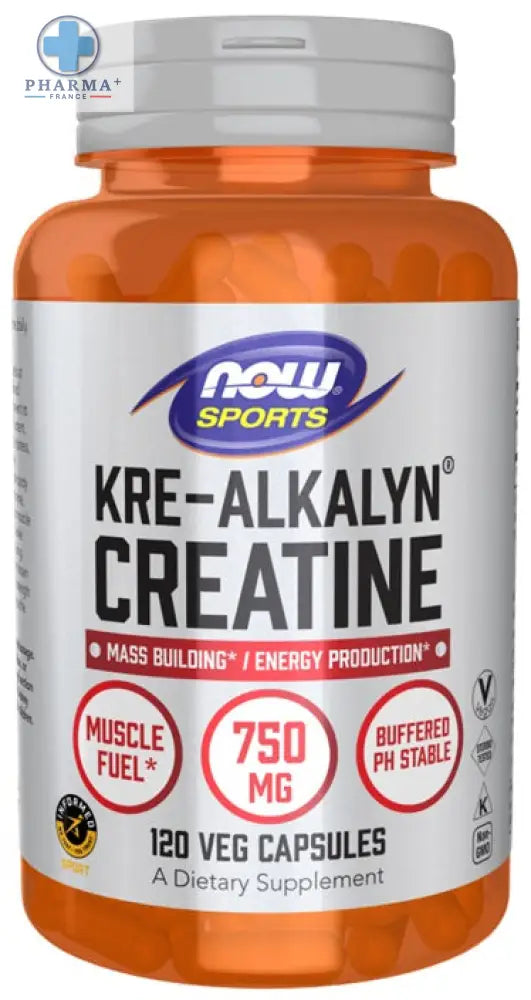 Bouteille orange en plastique avec étiquette blanche et bouchon gris now foods kre-alkalyn créatine sportive 120 gélules