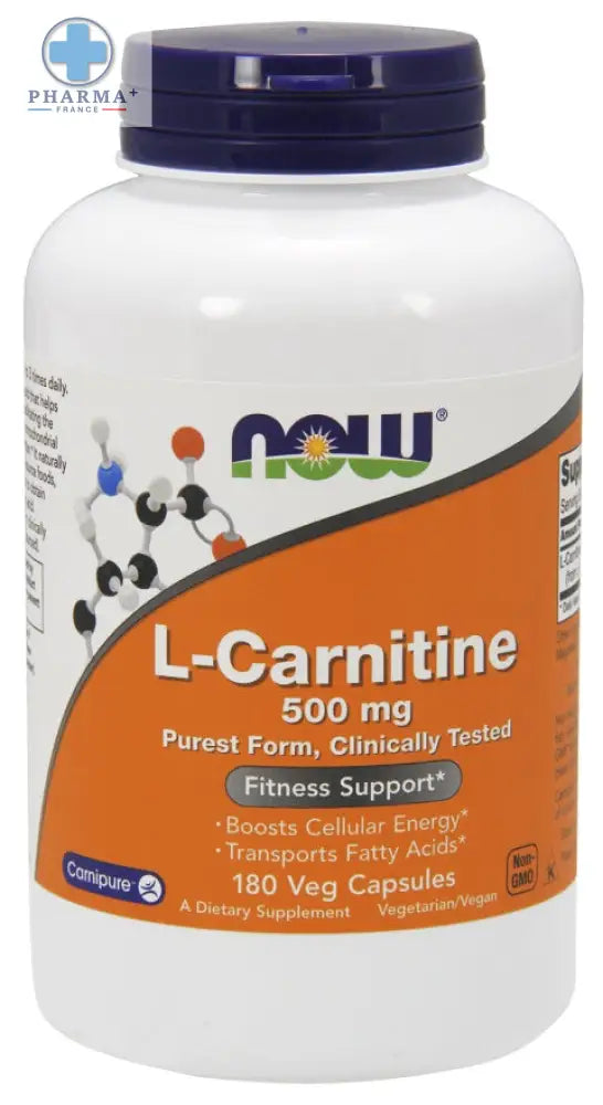 Bouteille blanche en plastique avec bouchon violet et étiquette orange now foods l-carnitine 500 mg gélules végétales complément alimentaire