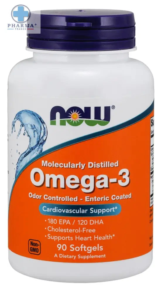 Bouteille blanche en plastique avec capsule molle maintenant foods oméga 3 distillation moléculaire à capuchon violet et étiquette orange