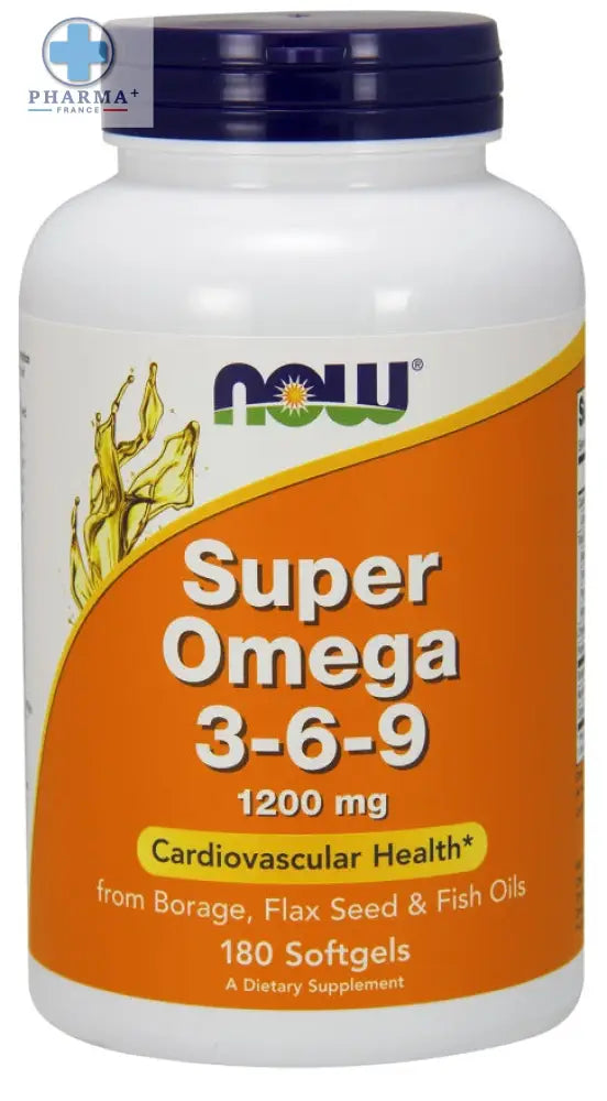Bouteille blanche en plastique avec bouchon bleu foncé et étiquette orange du complément alimentaire now foods super oméga 3 6 9 1200 mg