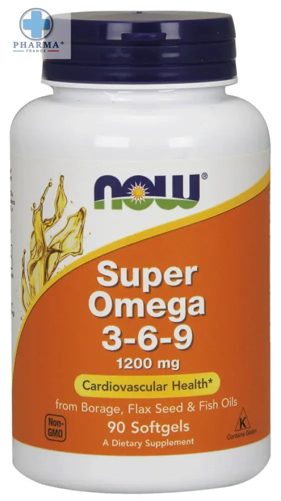 Bouteille en plastique blanche avec capuchon bleu marine et étiquette orange de now foods super omega 3 6 9 capsules