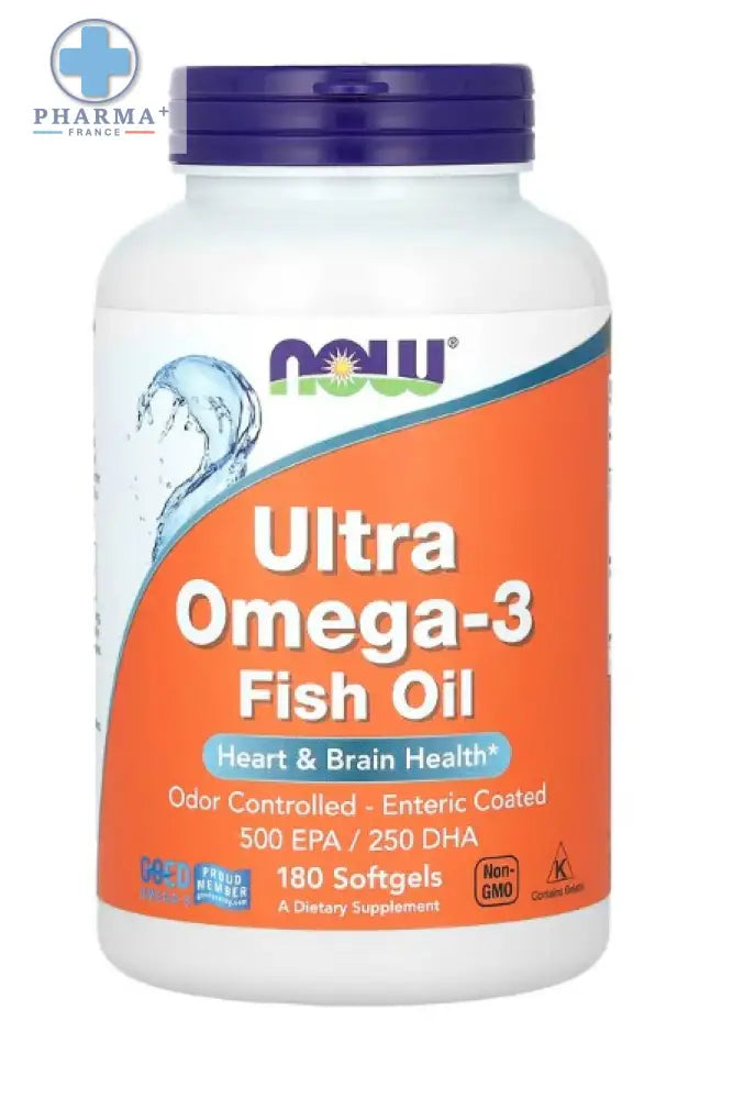 Bouteille blanche en plastique avec capsule molle violette et étiquette orange now foods ultra omega 3 compléments alimentaires 180 capsules molles