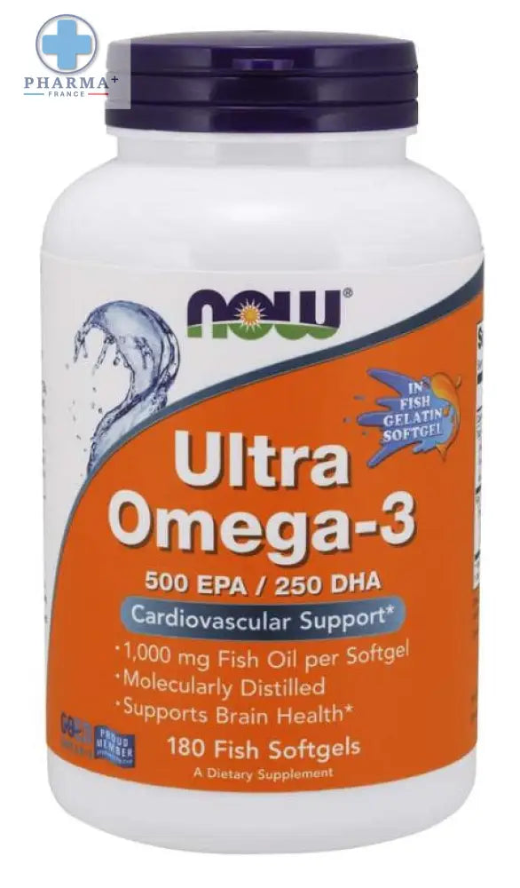 Bouteille blanche en plastique now foods ultra omega 3 avec capsule violette et étiquette orange pour santé cardiovasculaire
