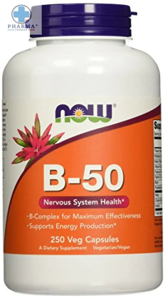 Bouteille blanche en plastique avec bouchon violet et étiquette orange now foods vitamine b-50 complément alimentaire 100 gélules