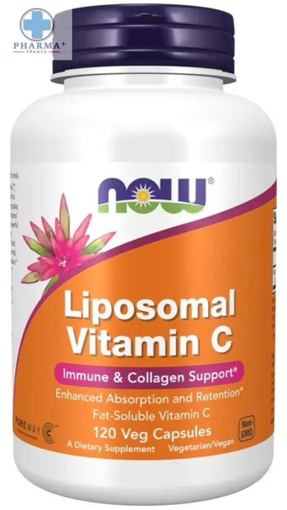 Bouteille blanche en plastique avec bouchon violet et étiquette orange de now foods liposomal vitamine c 120 gélules végétales