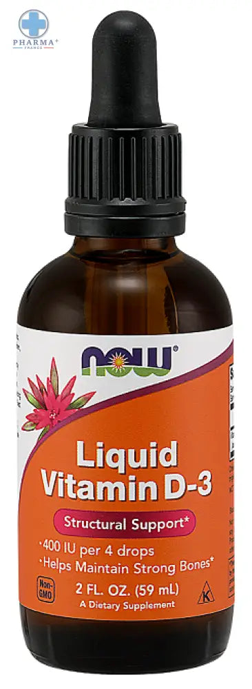 Now foods vitamine d-3 liquide en flacon verre brun avec étiquette orange blanche et compte-gouttes noir