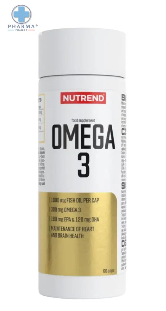 Bouteille cylindrique blanche nutrend complément alimentaire à base d omega 3 souvent issus d huile marine avec 120 capsules